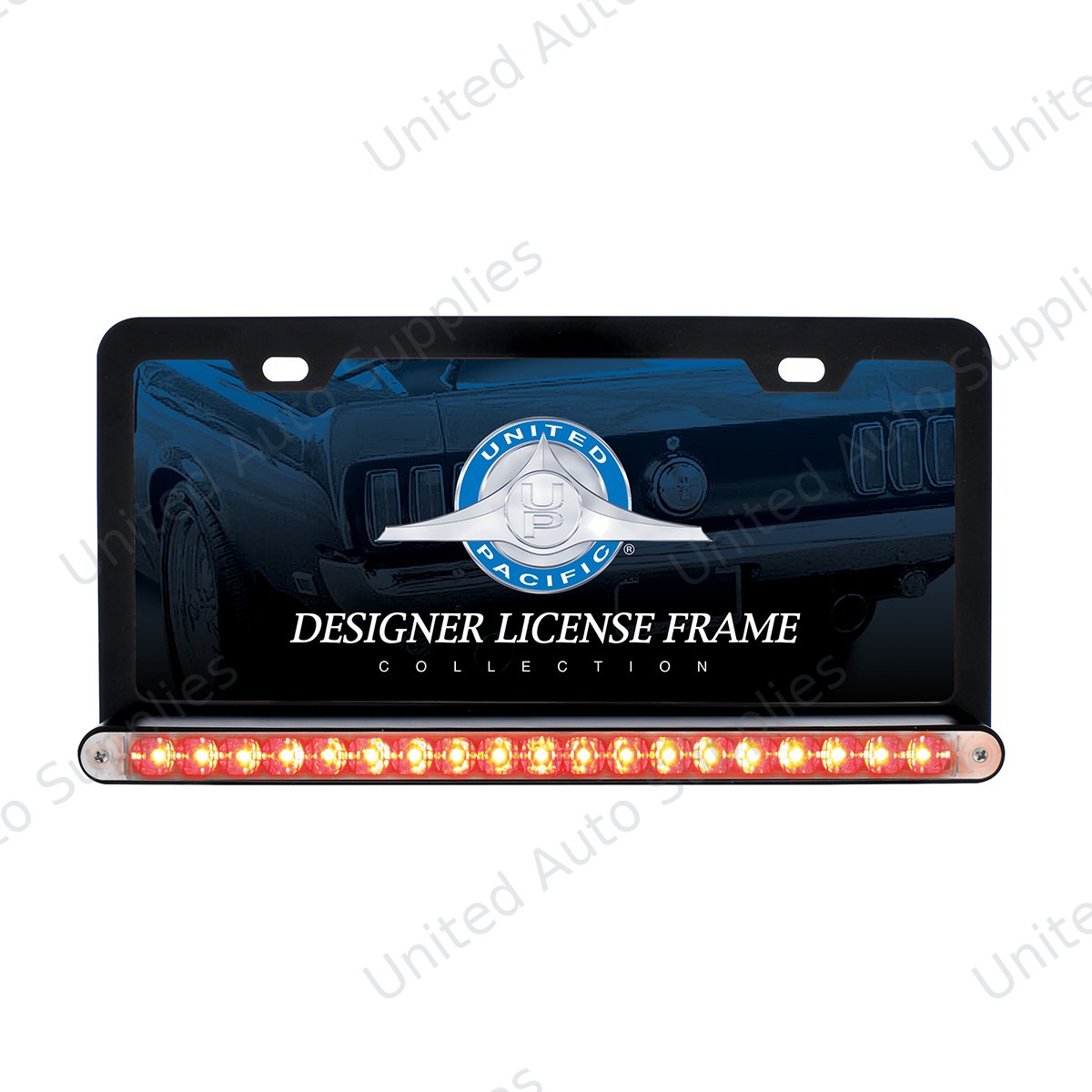Black License Plate Frame With 19 LED 12" Reflector Light Bar - Red LED/Clear Lens