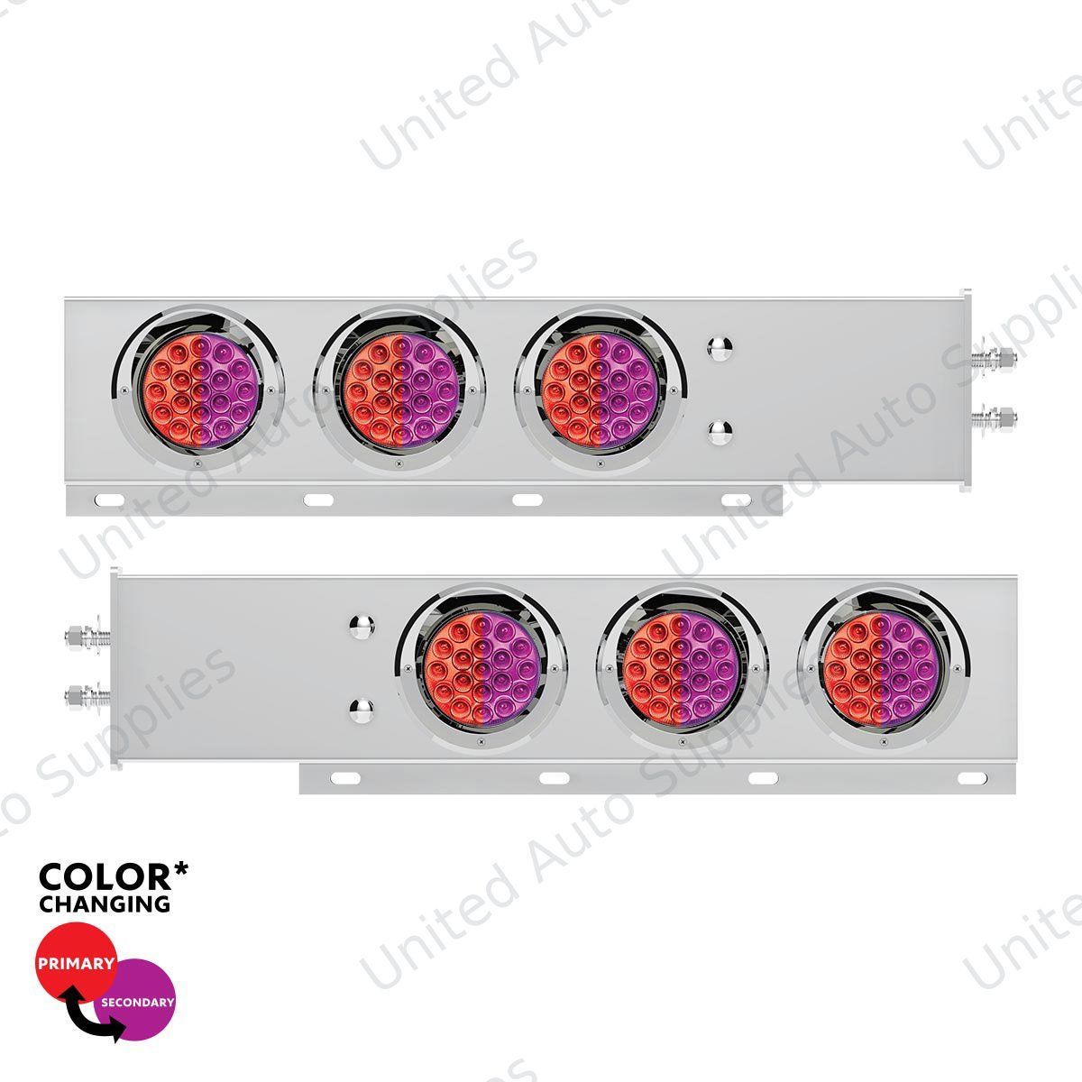 2" Bolt Pattern SS Spring Loaded Light Bar With 6X Double Fury 19 LED Lights & Visors-Red & Purple LED (Pair)
