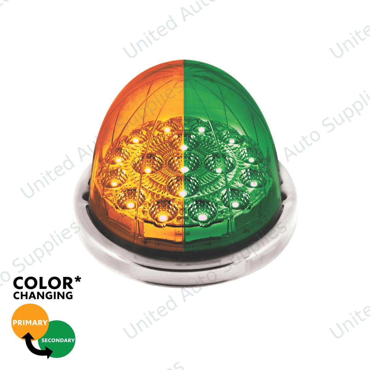 17 LED Watermelon Double Fury Light Flush Mount Kit With Low Profile SS Bezel - Amber & Green LED/Clear Lens