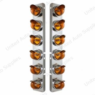 SS Front Air Cleaner Bracket With 12X Glass Beehive Lights & SS Visors For Peterbilt-Amber Lens