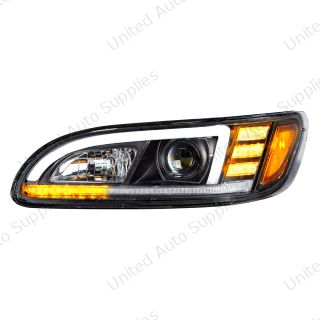 Black Projection Headlight With LED Sequential Turn & DRL For 2005-2015 Peterbilt 386 - Driver