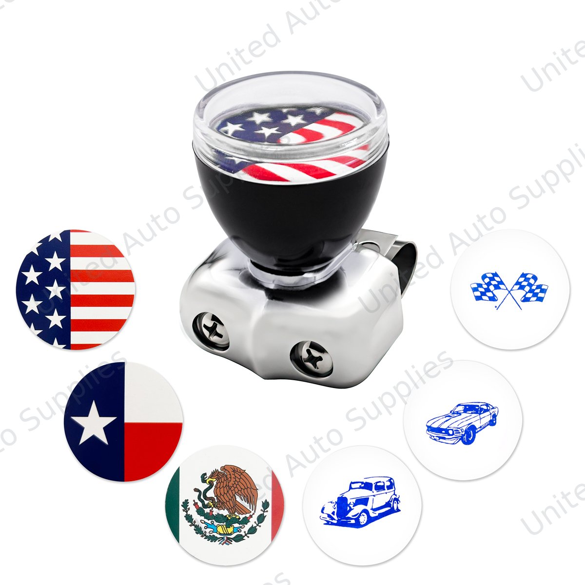 Vintage Steering Wheel Spinner With Clear Removable Top & Additional Flag Inserts