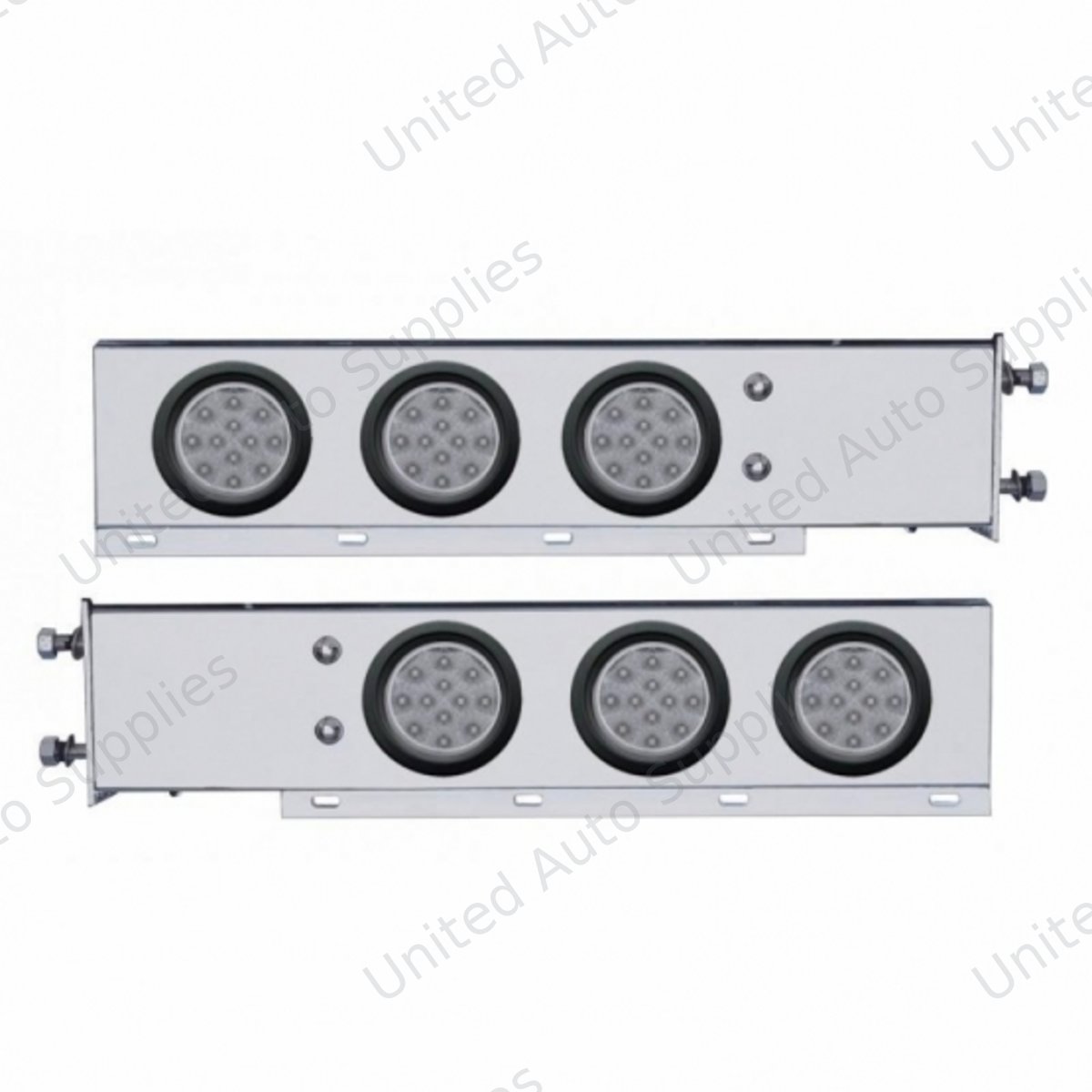 3-3/4" Bolt Pattern Chrome Spring Loaded Bar W/6X 12 Red LED 4" Reflector Lights - Clear Lens (Pair)