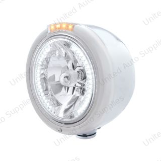 Stainless Steel Classic Half Moon Headlight H4 With White LED & Dual Mode LED Signal-Clear Lens
