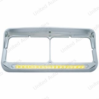 Chrome Rectangular Dual Headlight Bezel With Visor & 19 LED Light Bar - Amber LED/Clear Lens