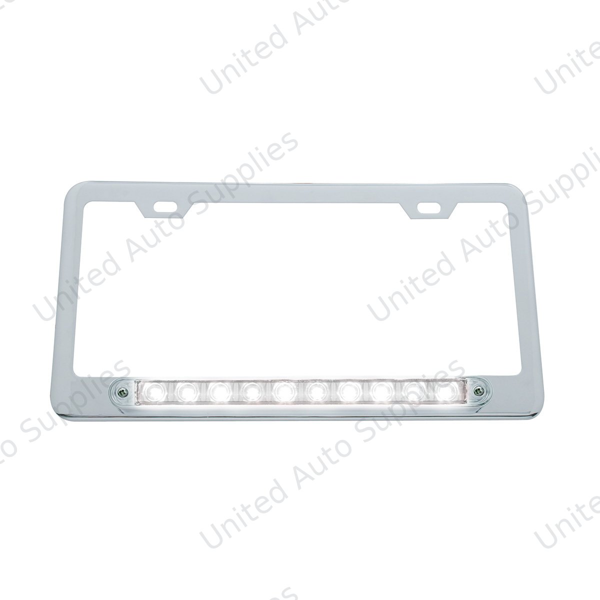 Chrome License Plate Frame With 10 LED 9" Light Bar - White LED/Clear Lens
