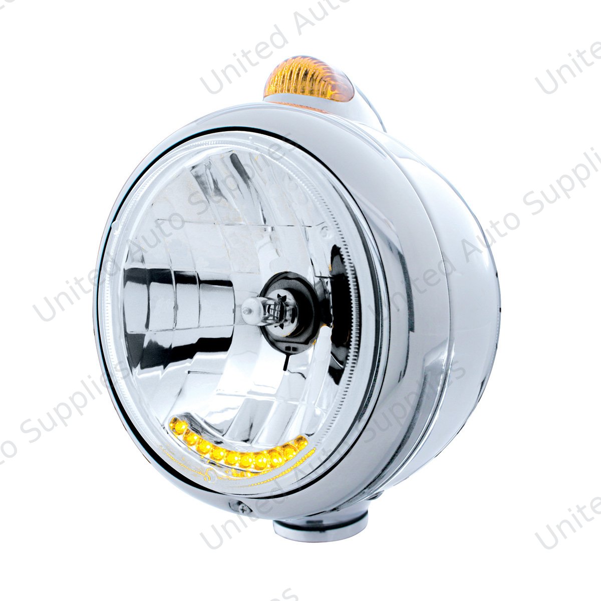 Chrome Guide 682-C Headlight H4 With 10 Amber LED & Dual Mode LED Signal - Amber Lens