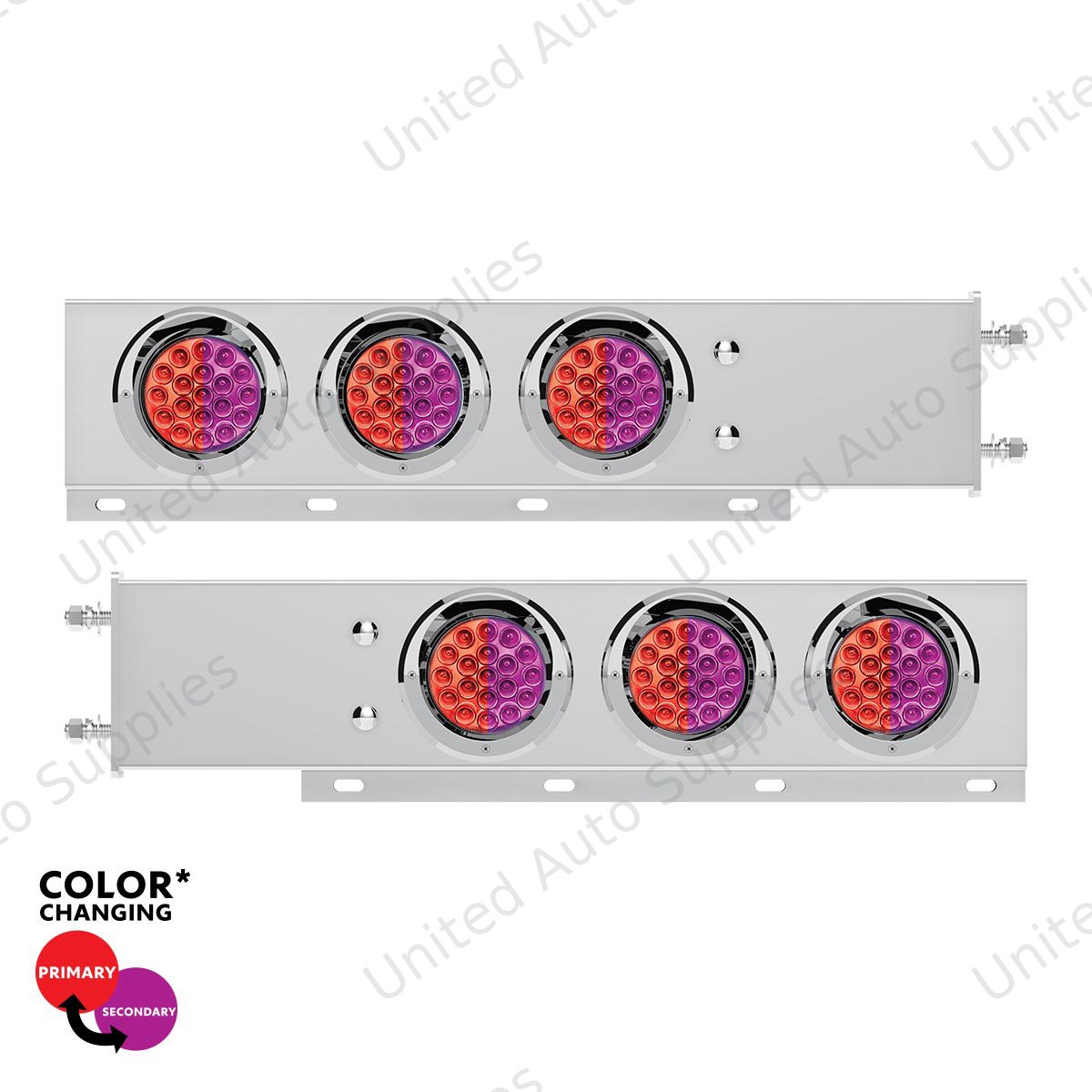 3-3/4" Bolt Pattern SS Spring Loaded Light Bar With 6X Double Fury 19 LED Lights & Visors-Red & Purple(Pair)