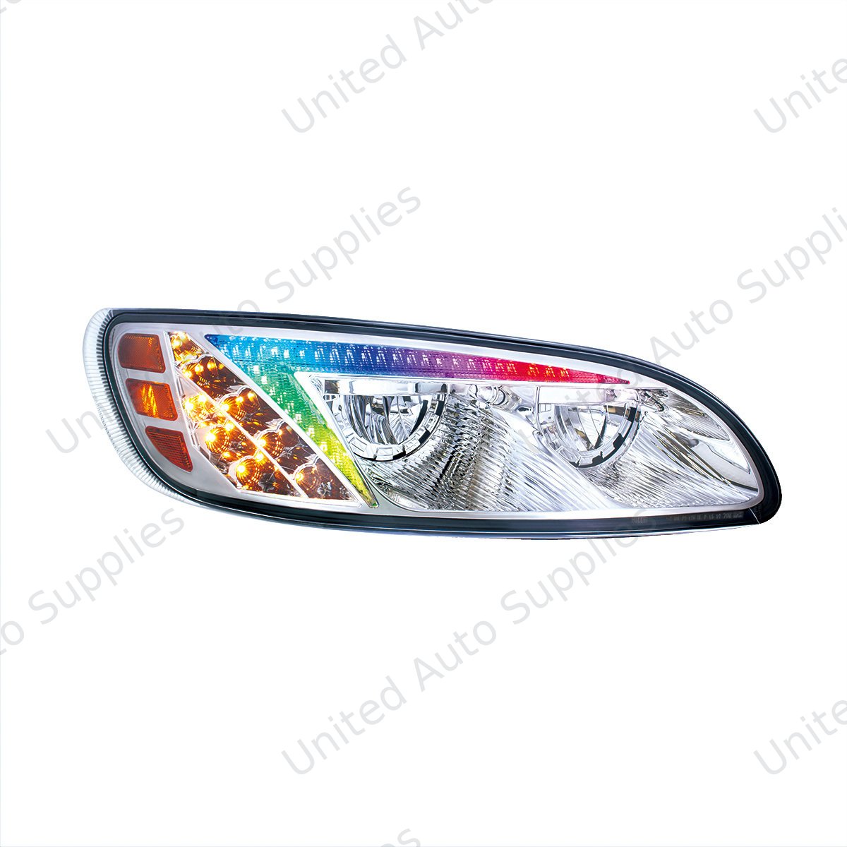 Chrome LED Headlight With Color Changing Position Light Bar For Peterbilt 386 (2005-2015) & 387 (1999-2010) - Passenger