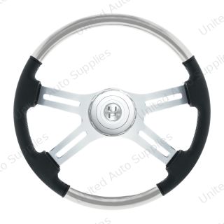 18" Leather & Wood Candy Color 4 Spoke Steering Wheel With Chrome Horn Bezel-Liquid Silver