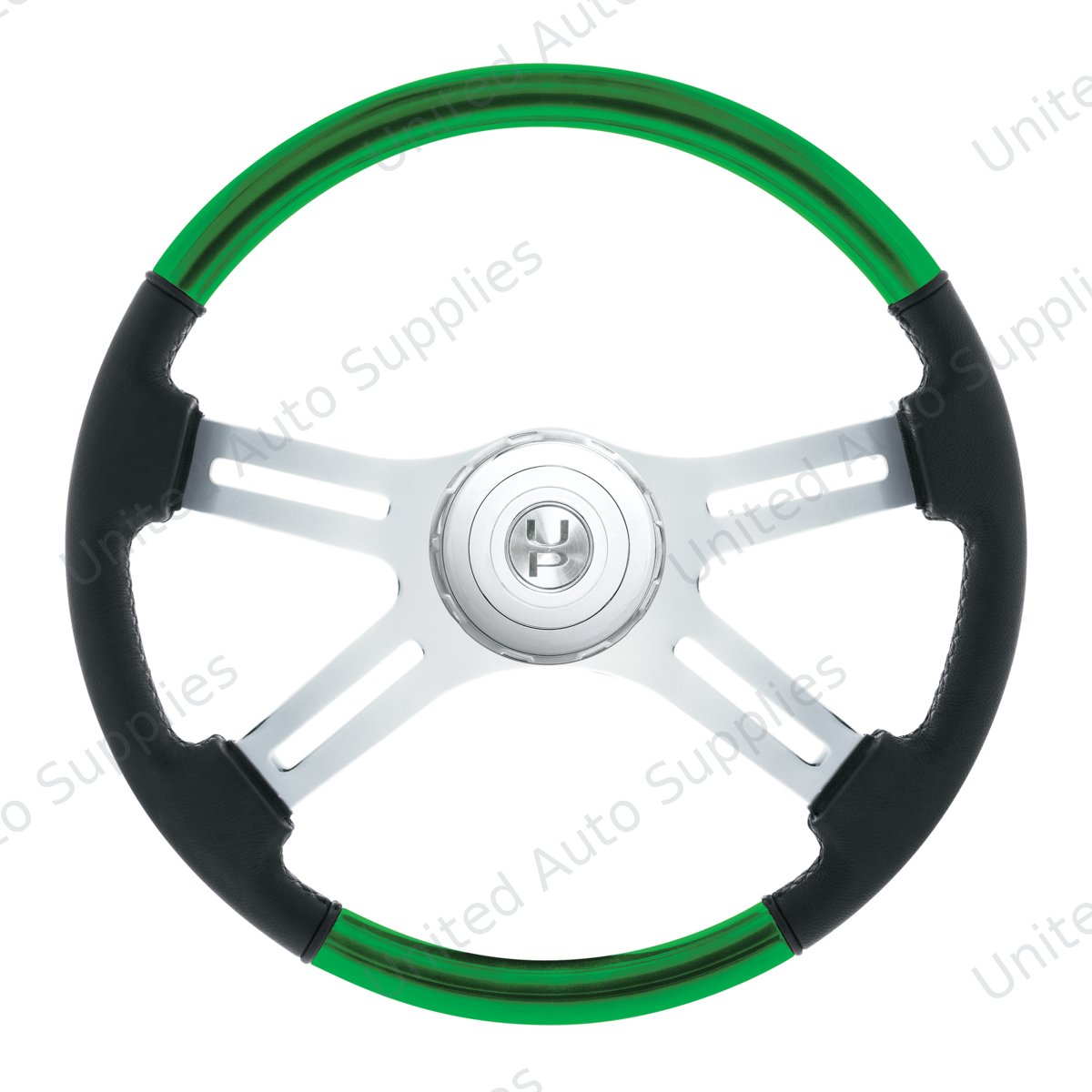 18" Leather & Wood Candy Color 4 Spoke Steering Wheel With Chrome Horn Bezel-Candy Apple Green