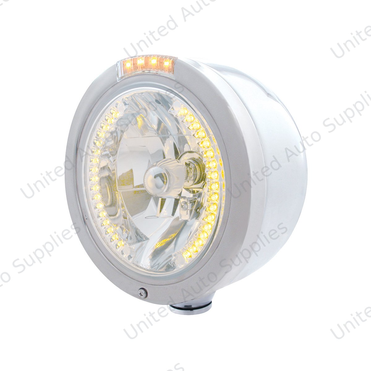 Stainless Steel Bullet Half Moon Headlight H4 With Amber LED & Signal - Clear Lens