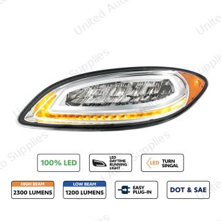 High Power 12 LED Chrome Headlight With 23 LED Dual Color Light Bar For 2006-2017 International Prostar-Driver