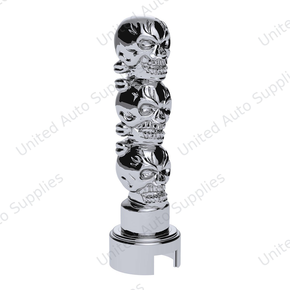 Thread-On 3-Skull Gearshift Knob With Adapter For Eaton-Fuller 13/15/18 Speed Shifter- Chrome