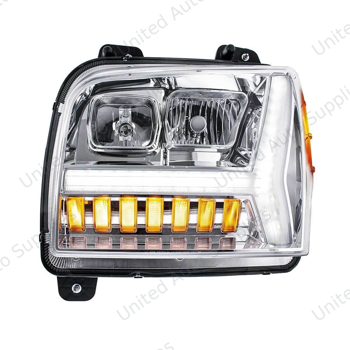 Chrome Headlight With LED DRL Light Bar & Turn Signal For 2018-2024 Kenworth W990-Driver