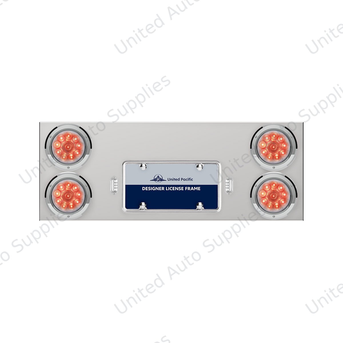 33-3/4" Stainless Rear Center Panel With Four 10 LED 4" Lights & Bezels - Red LED/Clear Lens