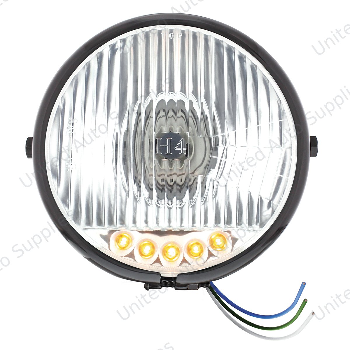 Black 5-3/4" Motorcycle Headlight H4 Bulb With 5 Amber LED - Side Mount