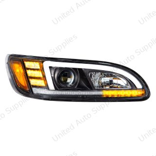 Black Projection Headlight With LED Sequential Turn & DRL For 2005-2015 Peterbilt 386- Passenger