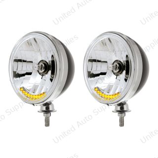 7" Black Dietz Style Headlight Housing & Chrome Rim With 12 Volt Crystal Halogen Bulb & 10 Amber LED (Pair)