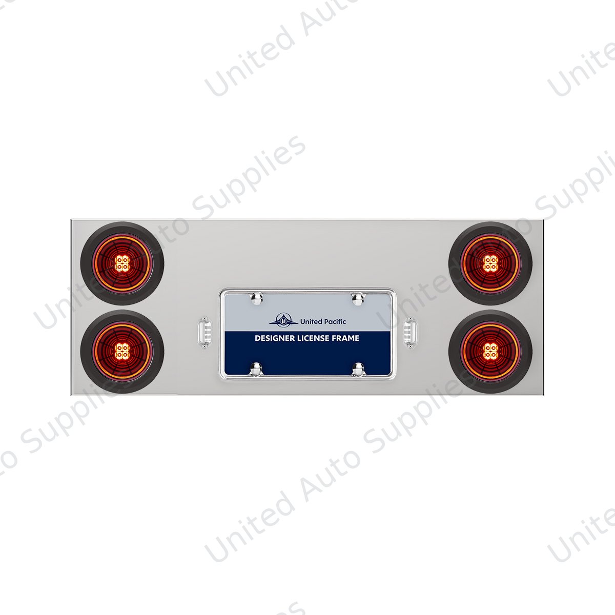 33-3/4" Stainless Rear Center Panel With 4X 13 LED 4" Abyss Lights & Grommets - Red LED/Red Lens
