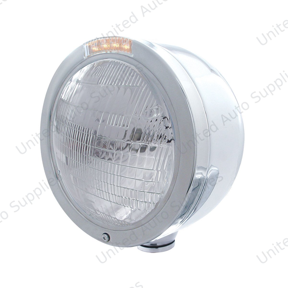 Stainless Steel Bullet Half Moon Headlight 6014 Bulb & LED Turn Signal - Clear Lens