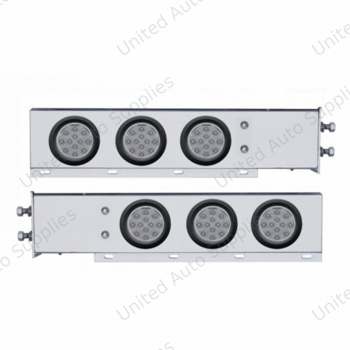 2.5" Bolt Pattern Chrome Spring Loaded Bar W/6X 12 LED 4" Reflector Lights -Red LED/Clear Lens (Pair)