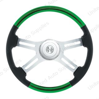18" Leather & Wood Candy Color 4 Spoke Steering Wheel With Chrome Horn Bezel-Emerald Green