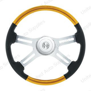 18" Leather & Wood Candy Color 4 Spoke Steering Wheel With Chrome Horn Bezel-Electric Yellow