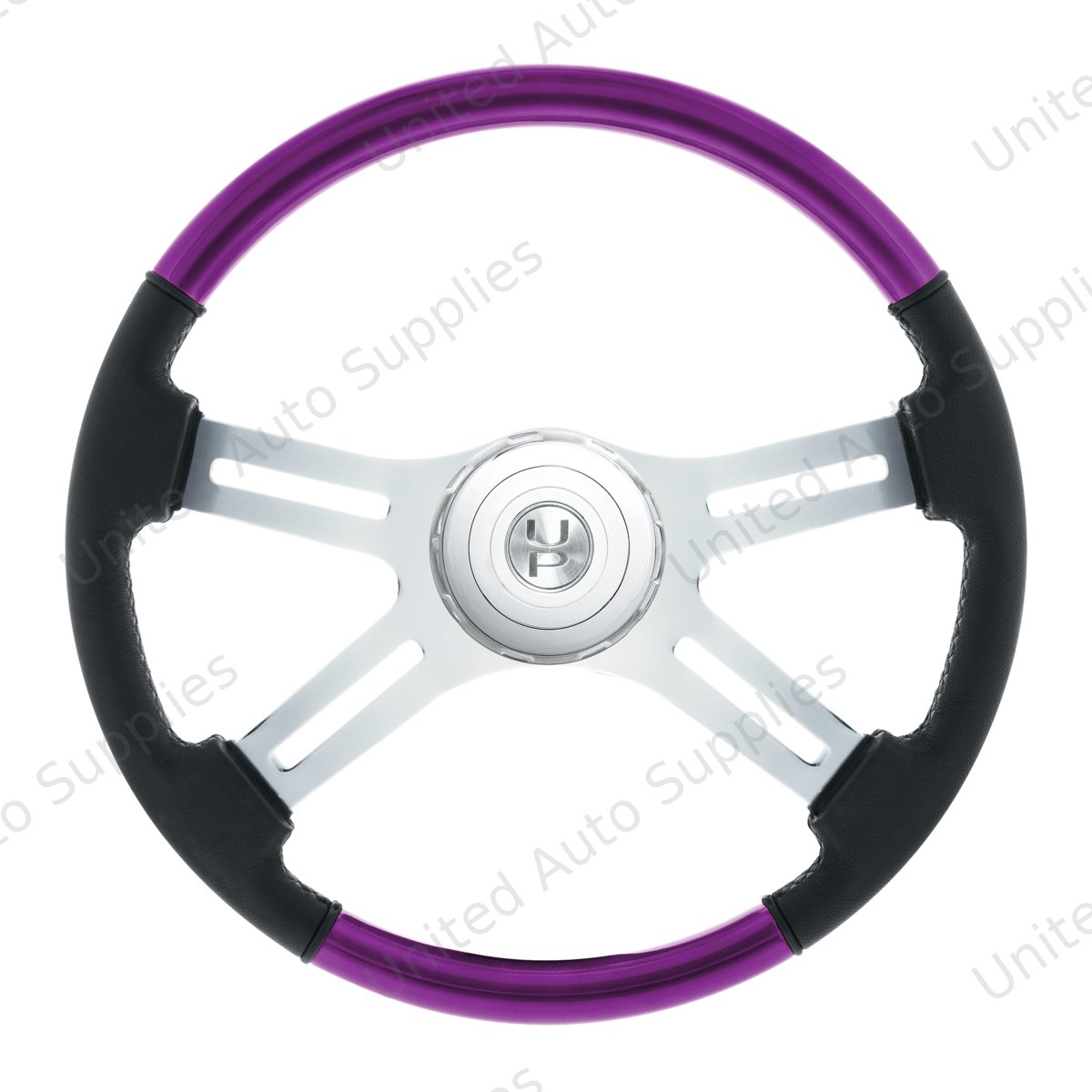 18" Leather & Wood Candy Color 4 Spoke Steering Wheel With Chrome Horn Bezel-Candy Purple