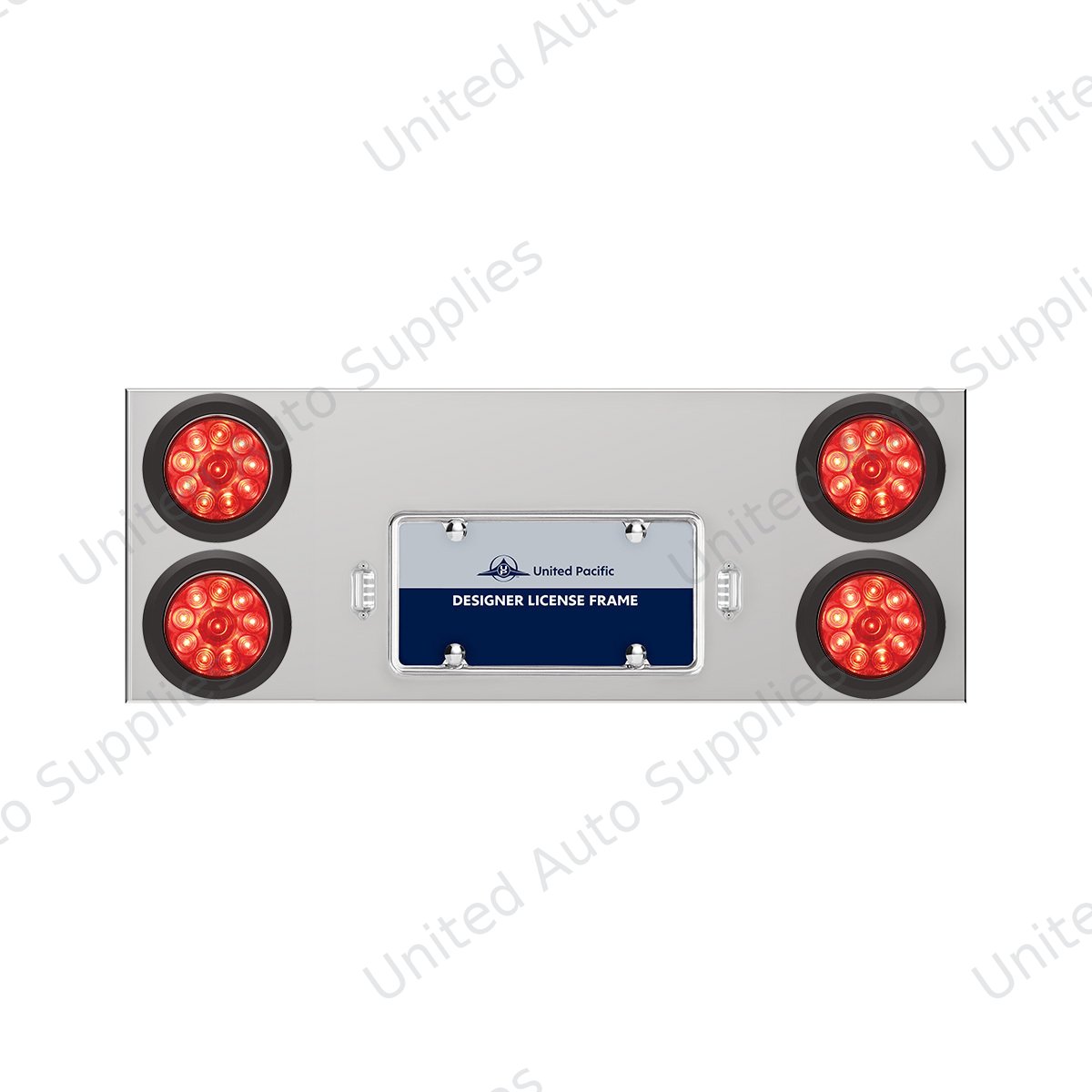33-3/4" Stainless Rear Center Panel With Four 10 LED 4" Lights & Grommets - Red LED/Red Lens