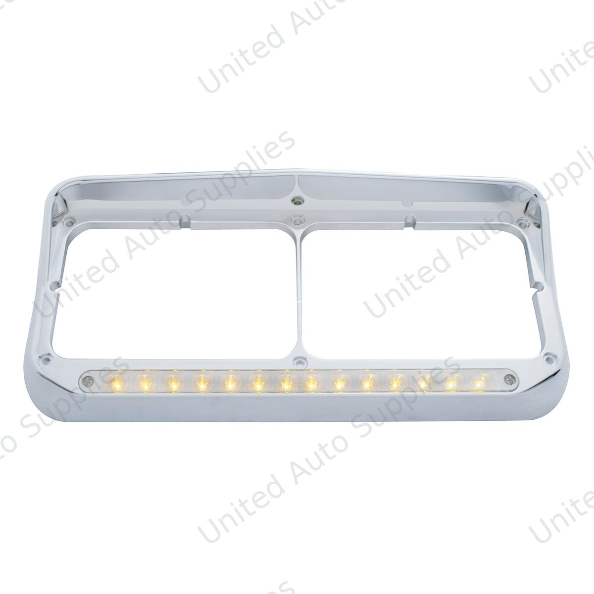 14 LED Chrome Rectangular Dual Headlight Bezel With Visor - Amber LED/Clear Lens