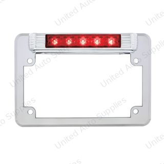 Chrome Motorcycle License Plate Frame With 3rd Brake Light - Red LED/Red Lens