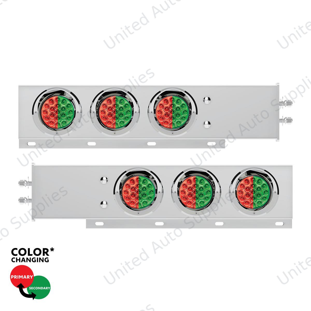 2" Bolt Pattern SS Spring Loaded Light Bar With 6X Double Fury 19 LED Lights & Visors-Red & Green LED (Pair)