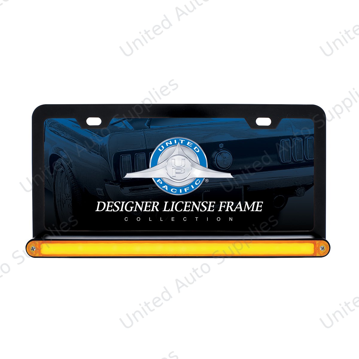 Black License Plate Frame With 24 LED 12" GloLight Bar - Amber LED/Amber Lens
