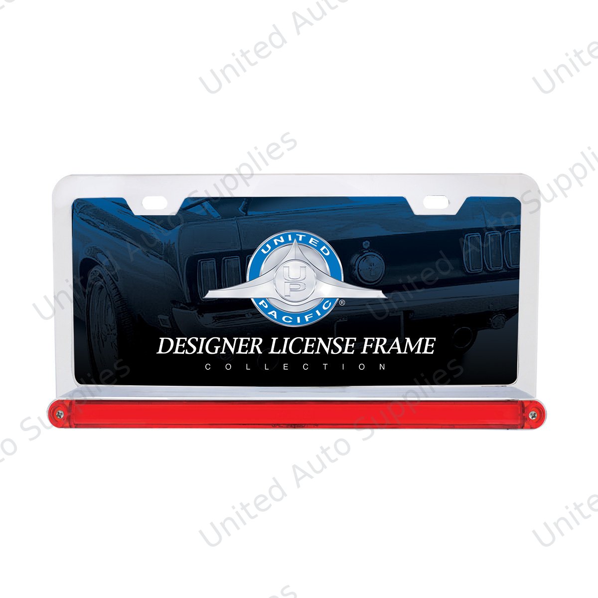 Chrome License Plate Frame With 24 LED 12" GloLight Bar - Red LED/Red Lens