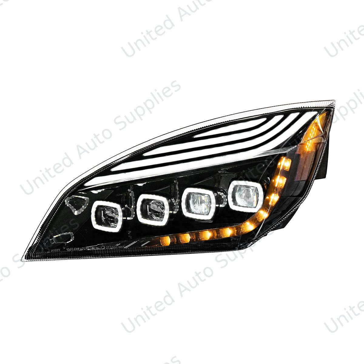 Black Quad-LED Headlight With LED DRL & Seq. Signal For 2018-2024 Freightliner Cascadia - Driver