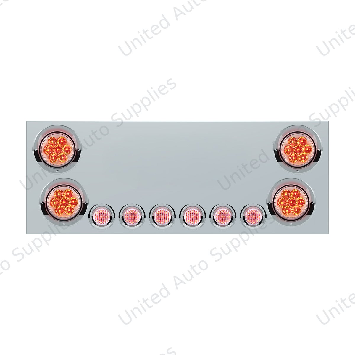 SS Rear CP With 4X 7 LED 4" Reflector Lights & 6X 9 LED 2" Lights & Visors (No LP Holes)-Red LED/Clear Lens