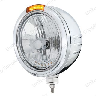 SS Bullet Embossed Stripe Headlight H4 With 6 Amber LEDs & Dual Mode LED Signal -Amber Lens