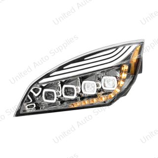 Chrome Quad-LED Headlight With LED DRL & Seq. Signal For 2018-2024 Freightliner Cascadia - Driver
