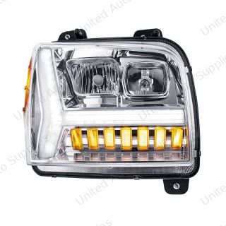 Chrome Headlight With LED DRL Light Bar & Turn Signal For 2018-2024 Kenworth W990-Passenger