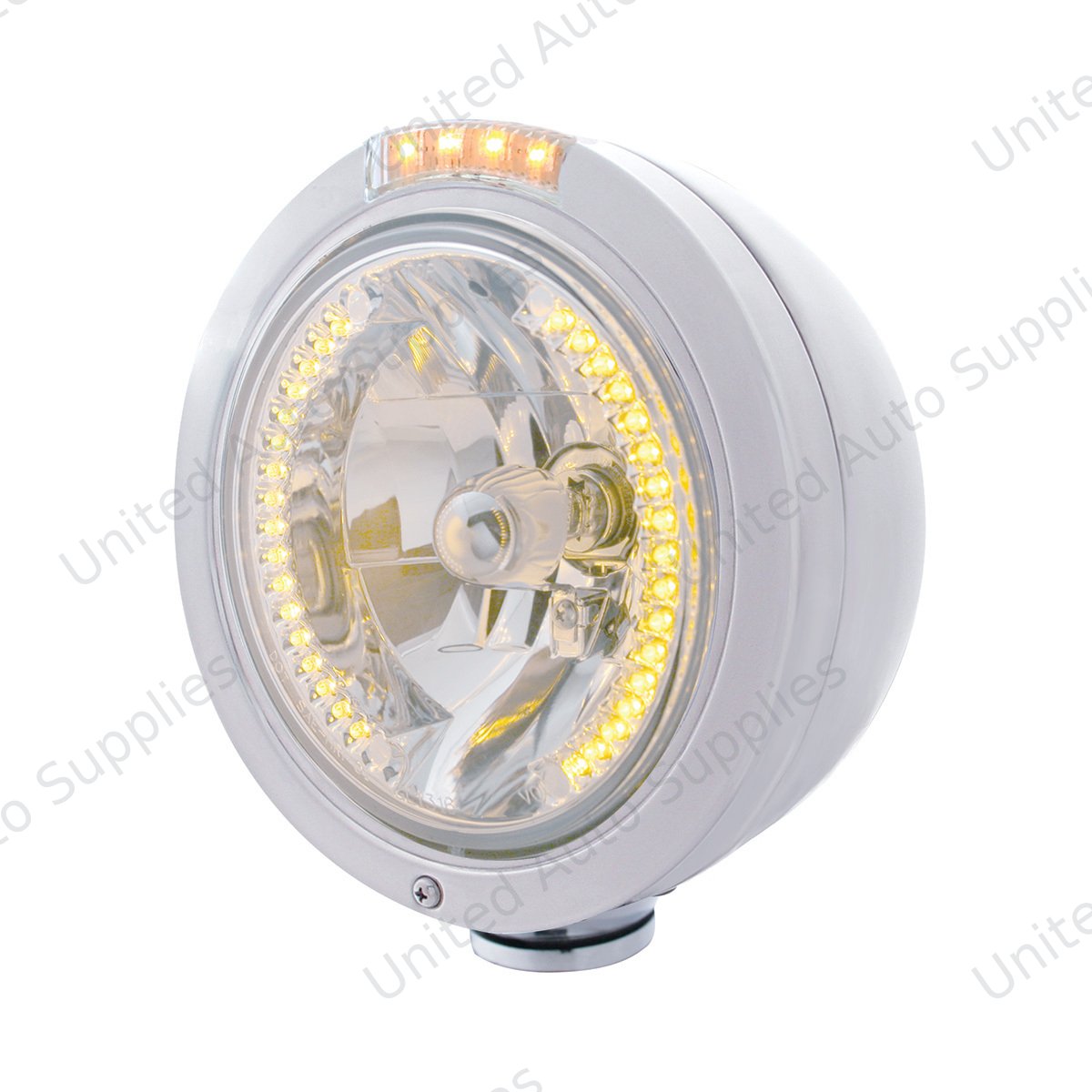 Stainless Steel Bullet Classic Headlight H4 With Amber LED & Signal - Clear Lens