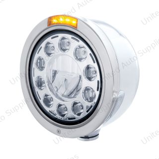 Stainless Bullet Half Moon Headlight 11 LED Bulb & Dual Mode LED Signal - Amber Lens