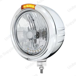 SS Classic Embossed Stripe Headlight H4 With 6 Amber LED & Dual Mode LED Signal -Amber Lens