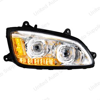 Chrome LED Headlight With LED Turn Signal & LED Position Light Bar For 2008-2017 Kenworth T660 - Passenger