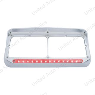 14 LED Chrome Rectangular Dual Headlight Bezel With Visor - Red LED/Clear Lens