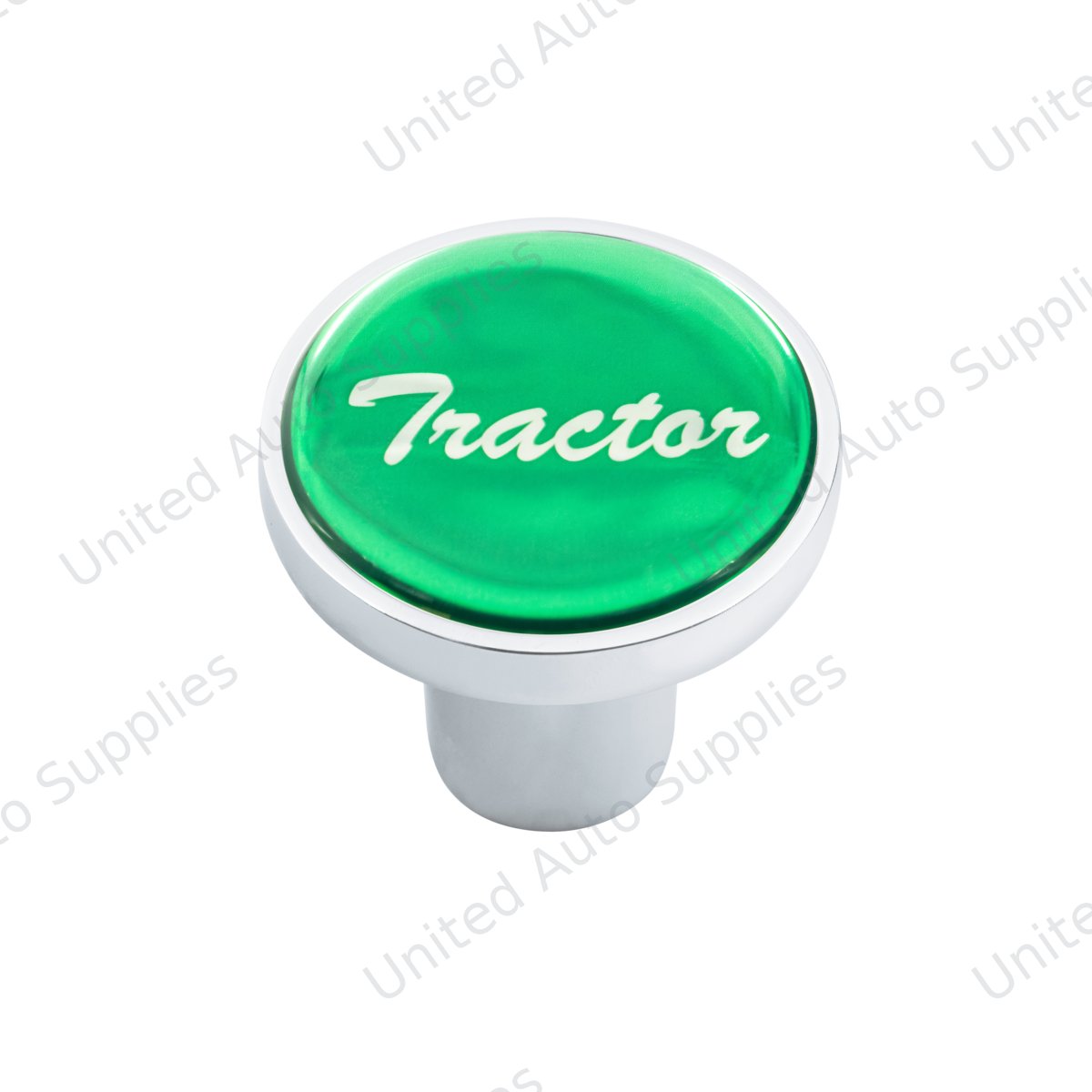 Aluminum Screw-On Air Valve Knob With Glossy Tractor Script Sticker - Green Sticker