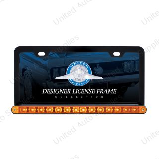 Black License Plate Frame With 14 LED 12" Light Bar - Amber LED/Amber Lens