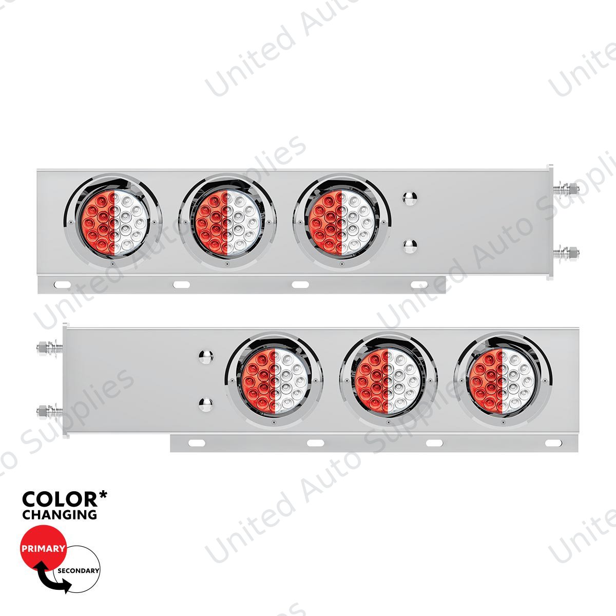 3-3/4" Bolt Pattern SS Spring Loaded Light Bar With 6X Double Fury 19 LED Lights & Visors-Red & White(Pair)