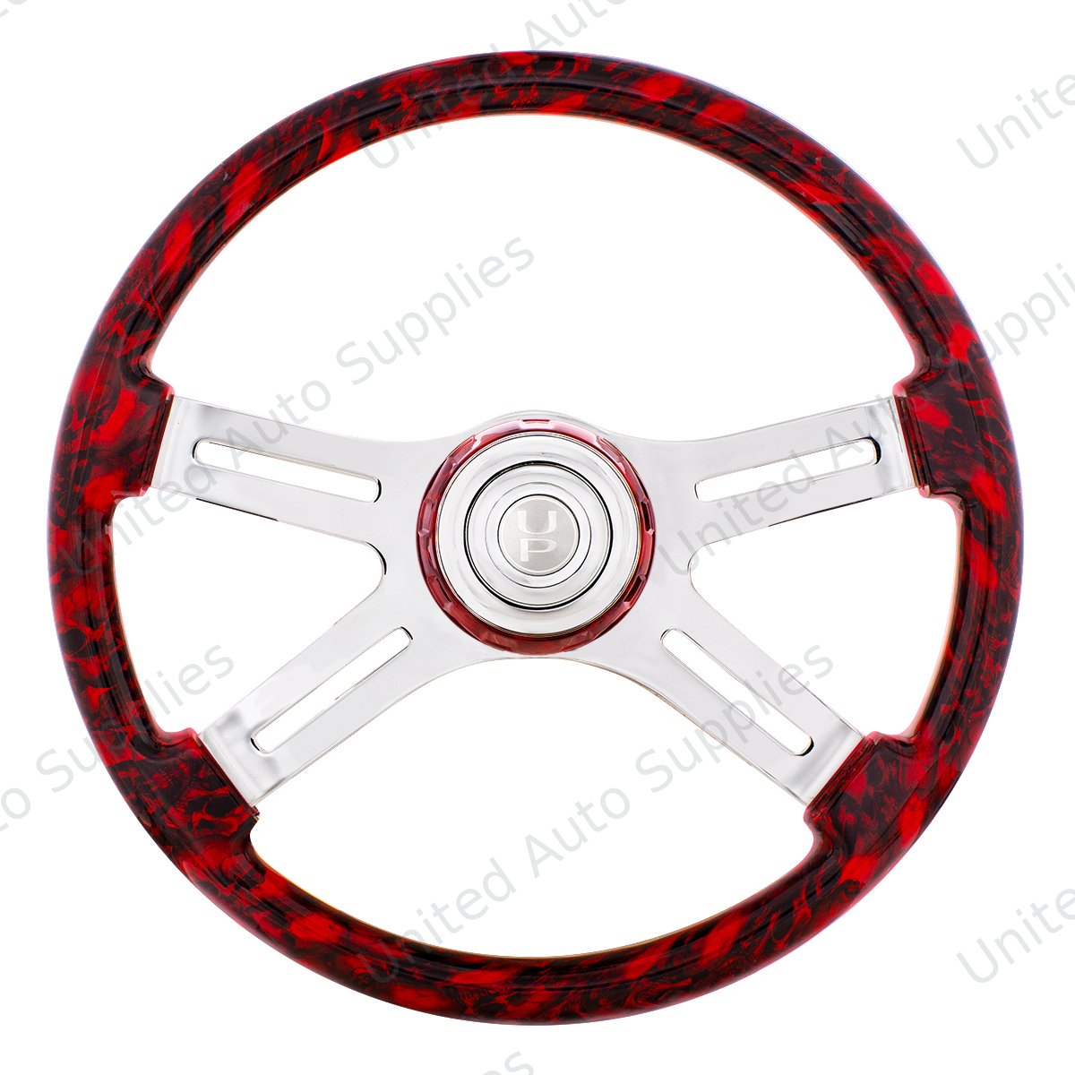 18" 4 Spoke Skull Steering Wheel With Matching Skull Horn Bezel - Red