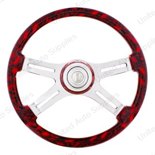 18" 4 Spoke Skull Steering Wheel With Matching Skull Horn Bezel - Red